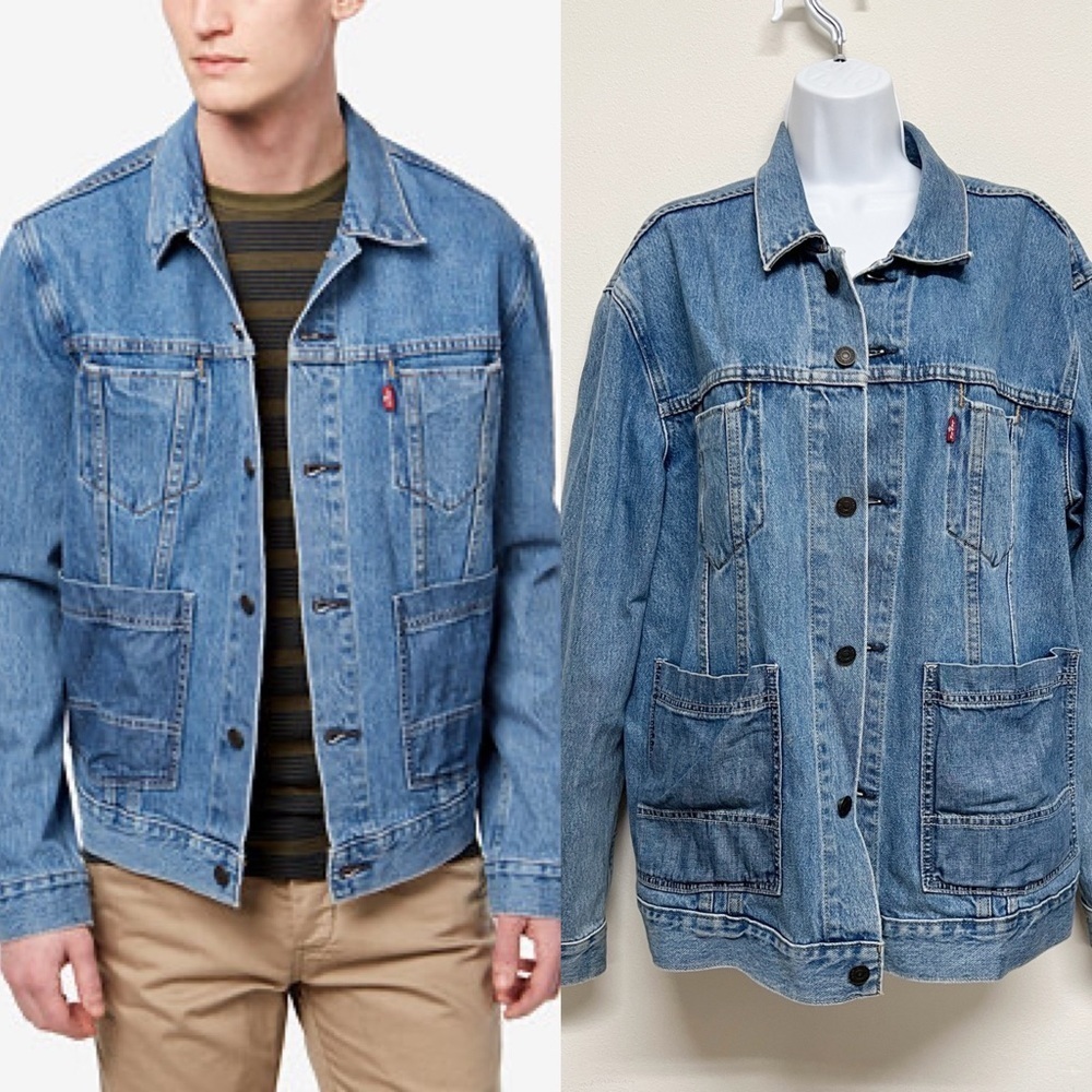 Levis Mens Medium Wash Button Up Altered Denim Worn In Trucker Jacket Size XL